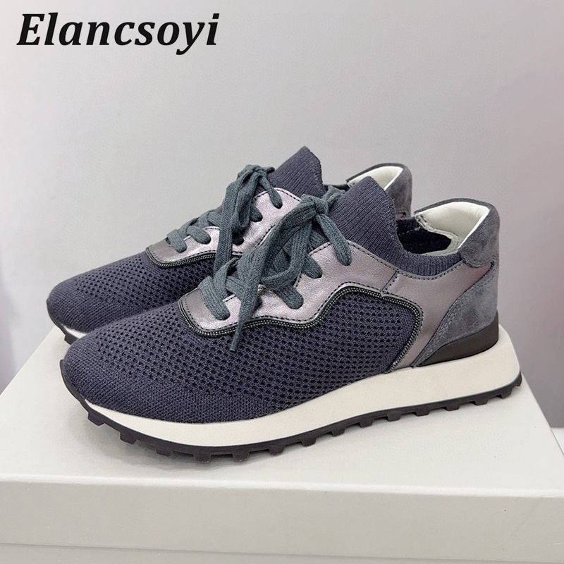 Chaussures plates femmes chaîn - Knit Fabric Lace Up Sneakers avis et prix